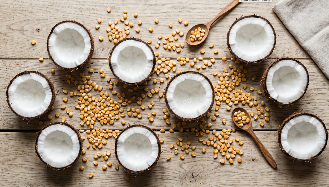 Coconut halves and corn kernels — the natural plant sources of decyl glucoside used in Carbon Cleanse all-purpose cleaner