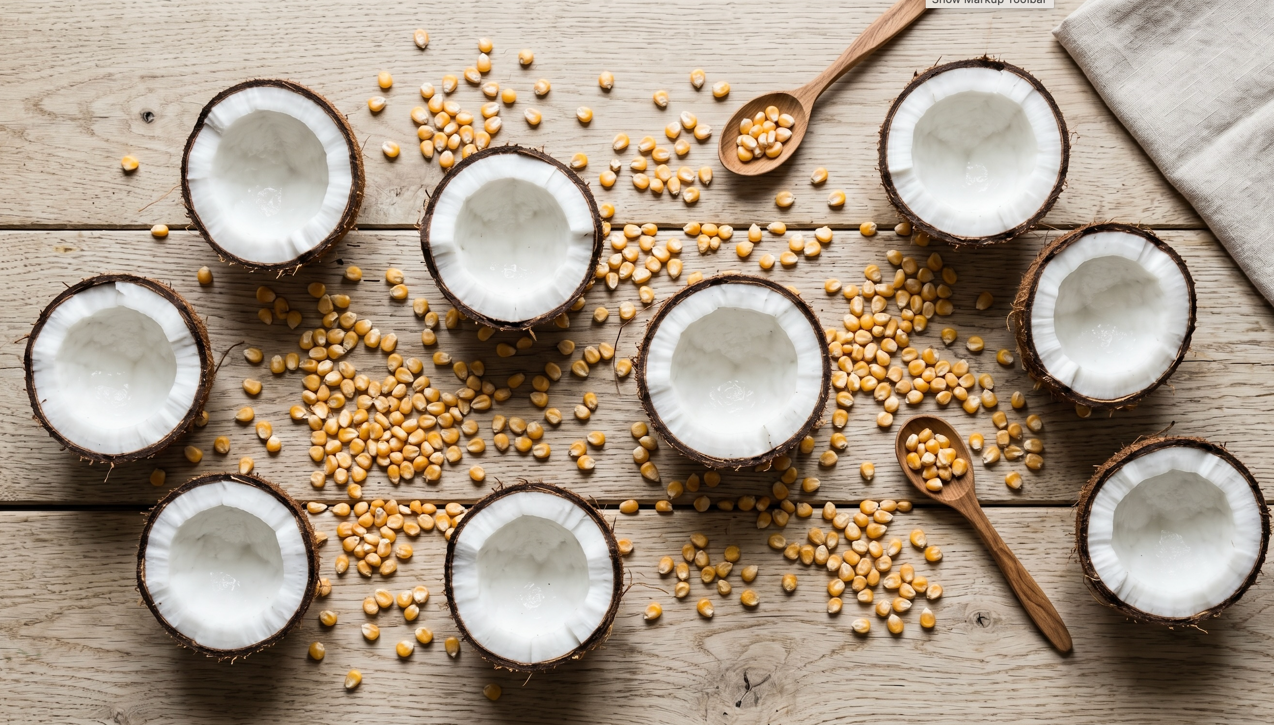 Coconut halves and corn kernels — the natural plant sources of decyl glucoside used in Carbon Cleanse all-purpose cleaner