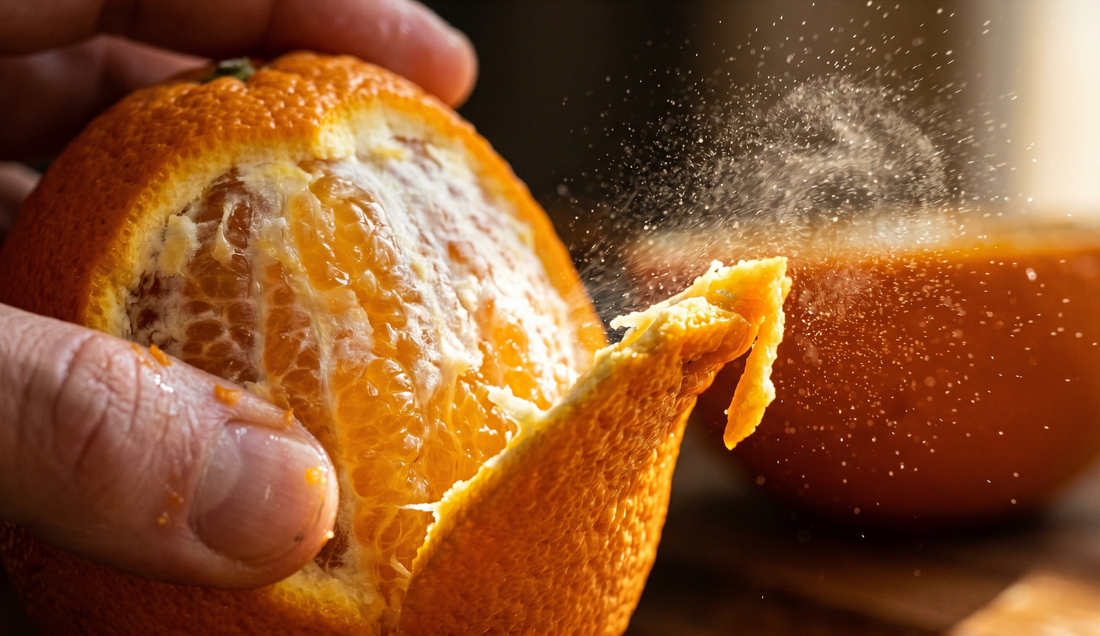 Is d-Limonene safe — Carbon Cleanse bottle with fresh oranges showing the natural citrus source of d-Limonene